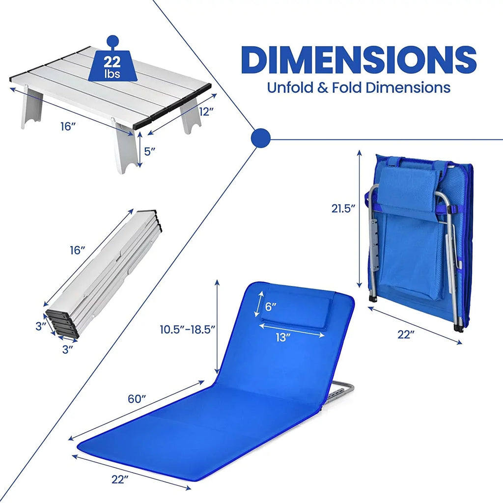 Side Adjustable Lawn 5 Chairs Folding Position Adults Chairs, Camping, Lounge with Beach for Table, Chair 2-Pack Set for Sunbathing,