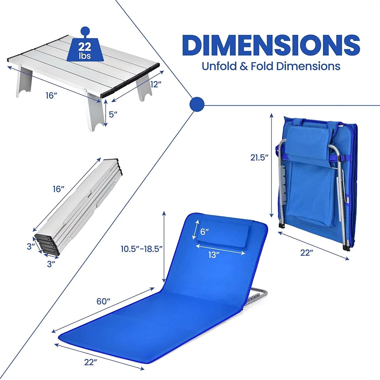 Side Adjustable Lawn 5 Chairs Folding Position Adults Chairs, Camping, Lounge with Beach for Table, Chair 2-Pack Set for Sunbathing,