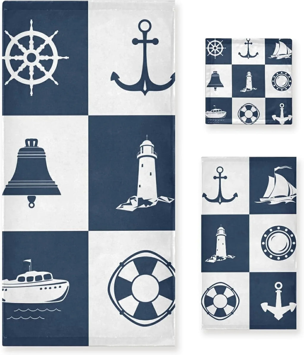 Towels 3 Fingertip Soft Bathroom Cotton Anchor Piece Absorbent Vessel Sailing Decorative for Bath Dreamtimes Hand Towel Sets Lighthouse Checked Towels