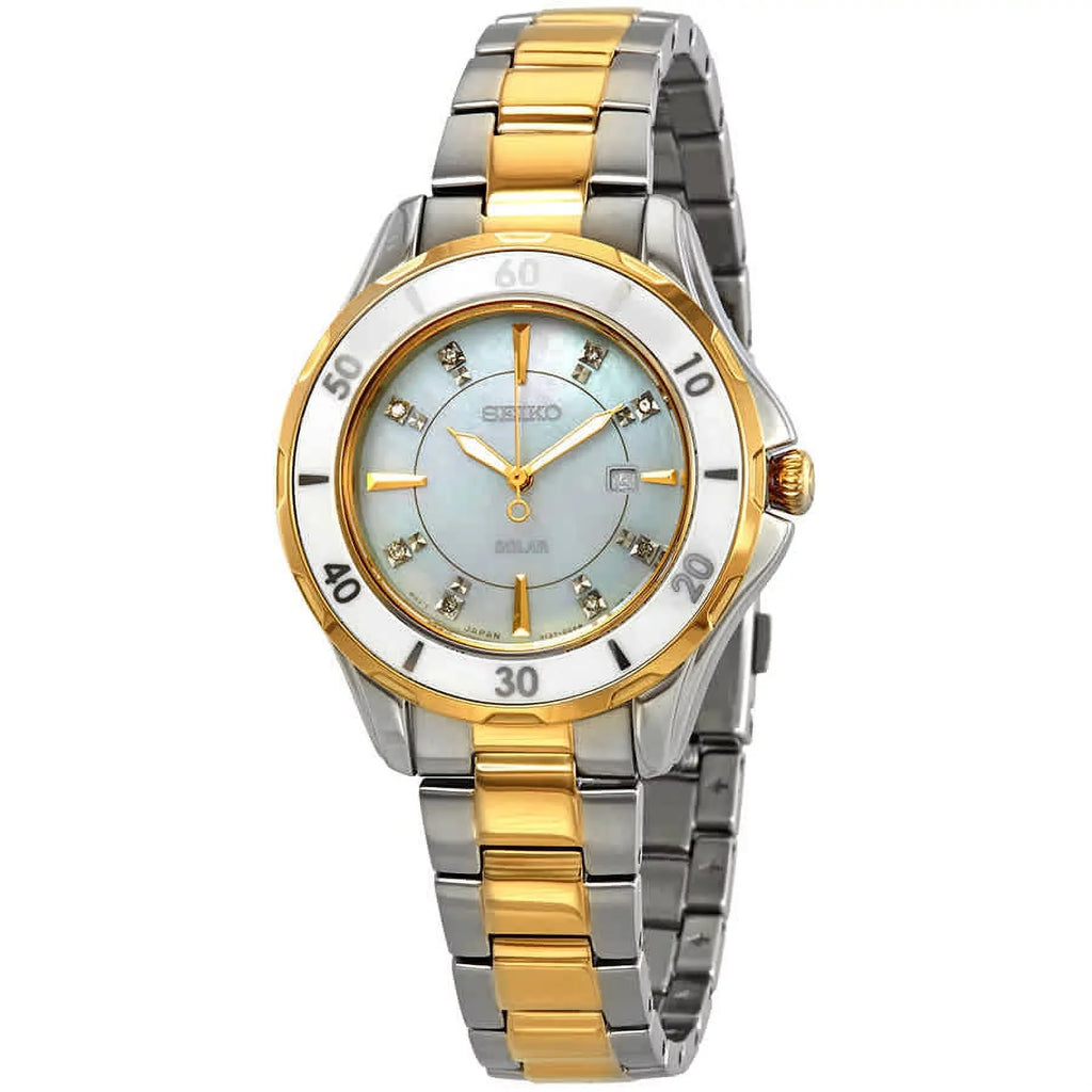 Women's Dial Tone Accent Pearl Seiko Solar SUT338 of Watch Two Diamond Mother