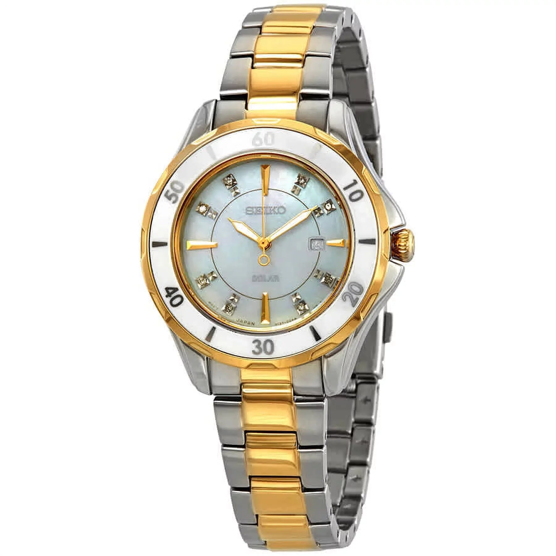 Women's Dial Tone Accent Pearl Seiko Solar SUT338 of Watch Two Diamond Mother