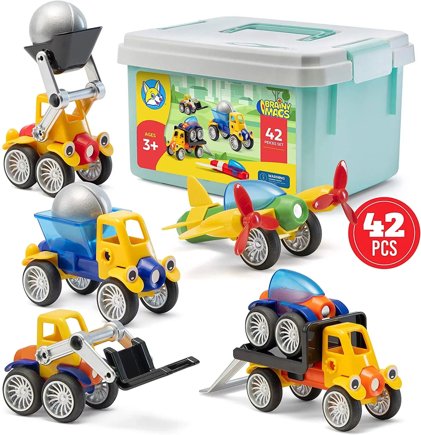 with and Stem and Storage 42 Vehicles Magnetic Cars Case 3 Brainy up for Child pc. Toy Ages Play