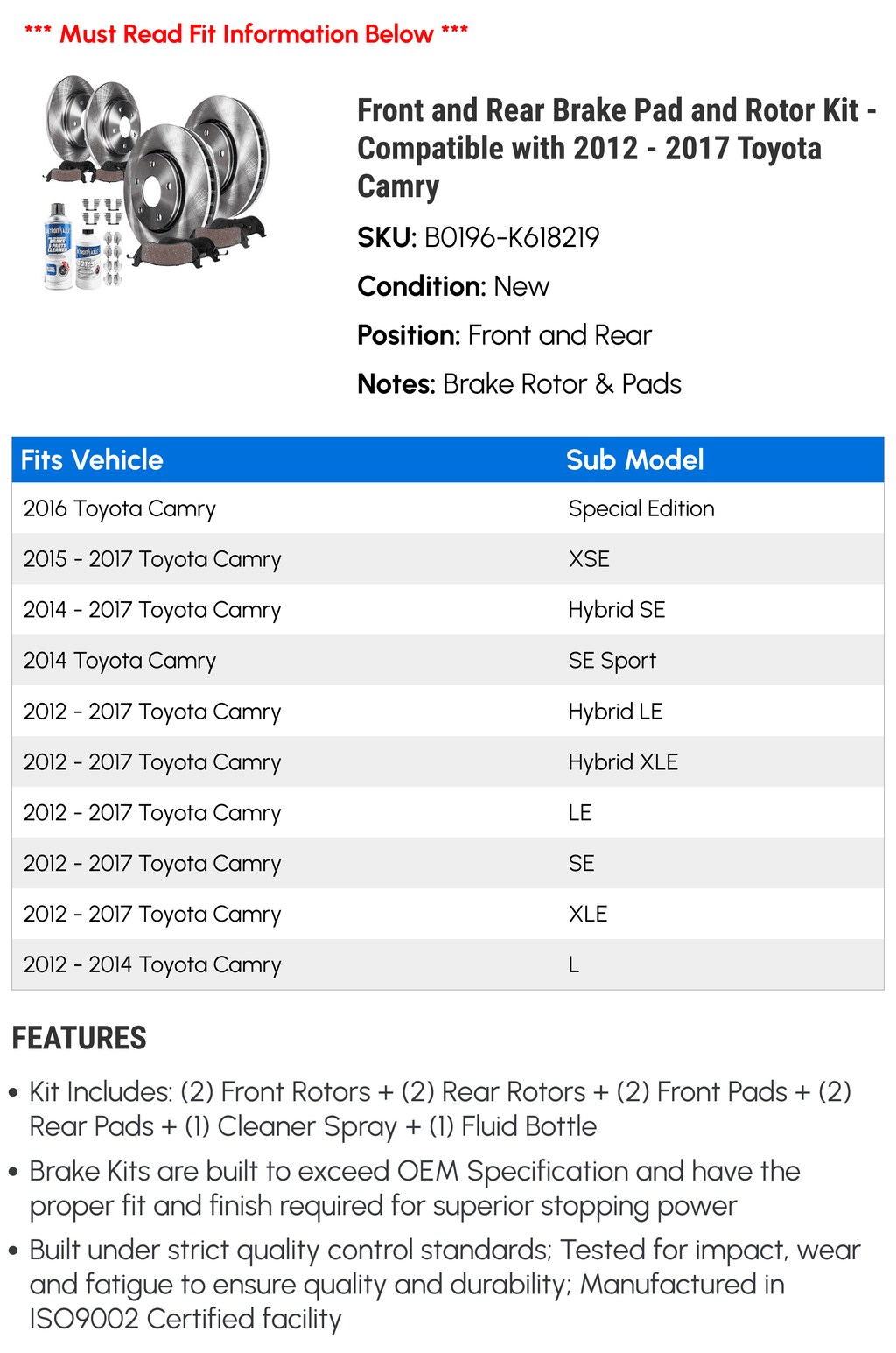 and 2017 - Rear - and 2014 2013 Camry 2015 2012 with Compatible Front Pad 2016 Kit Rotor Brake