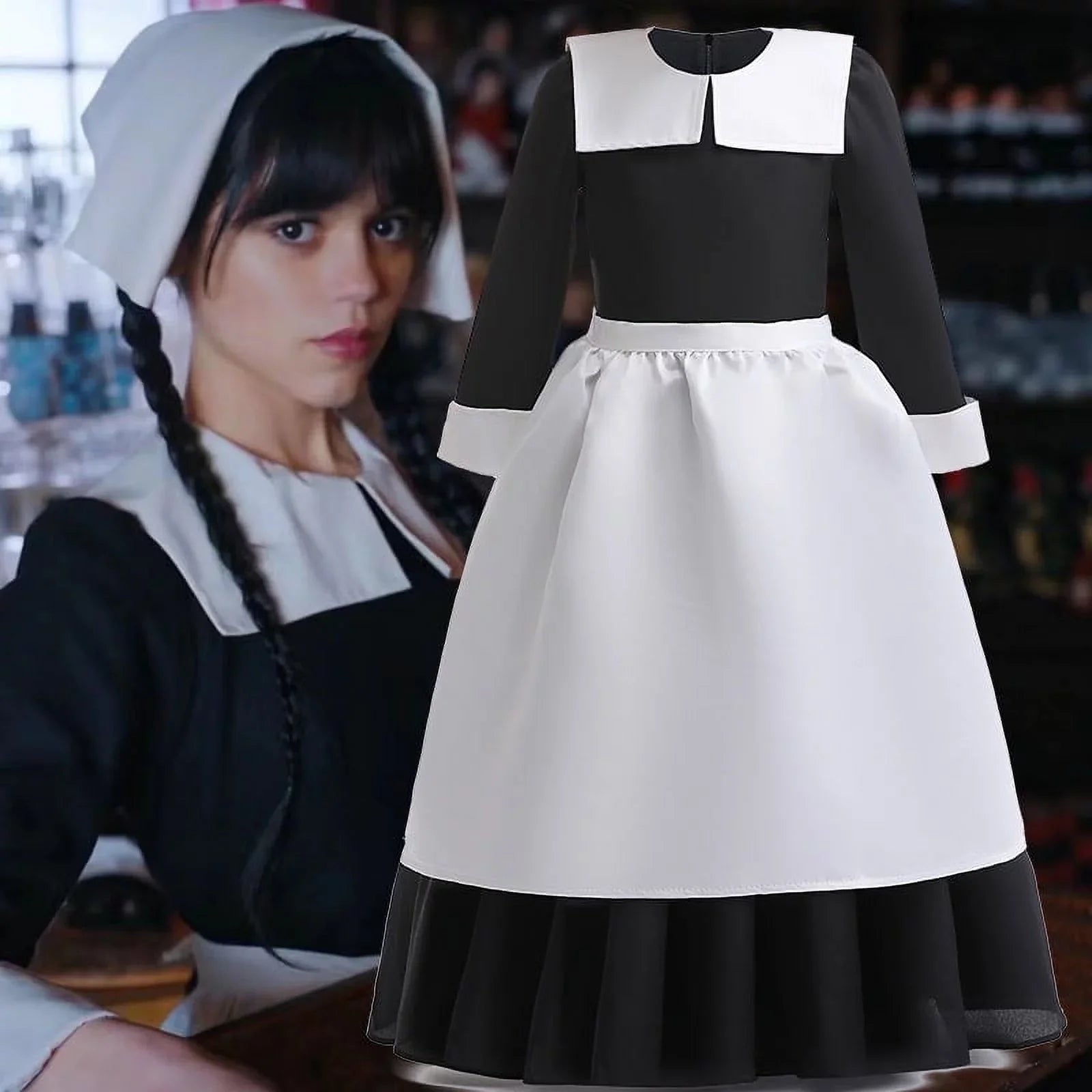 Kids with Wig Series Outfit outfit Sleeve Wednesday Addams Hkiytime outfit Skirt Girls Cosplay Long 2022 Halloween TV Clothes