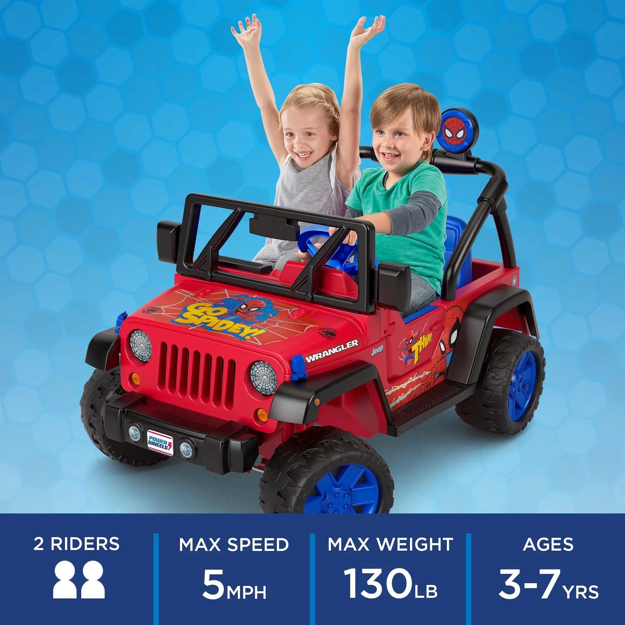 12V for Battery-Powered Wheels 3-7 Ride-On a Sounds, Jeep Spider-Man Ages Vehicle Power with Child Wrangler