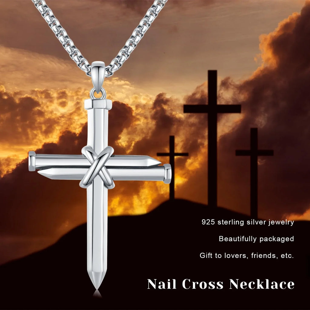 Christian Gifts Cross Charm Men Jewelry 925 Necklace Graduation Midir&Etain Solid Silver Cross Necklace for Cross Sterling Boys Religious Nail Pendant