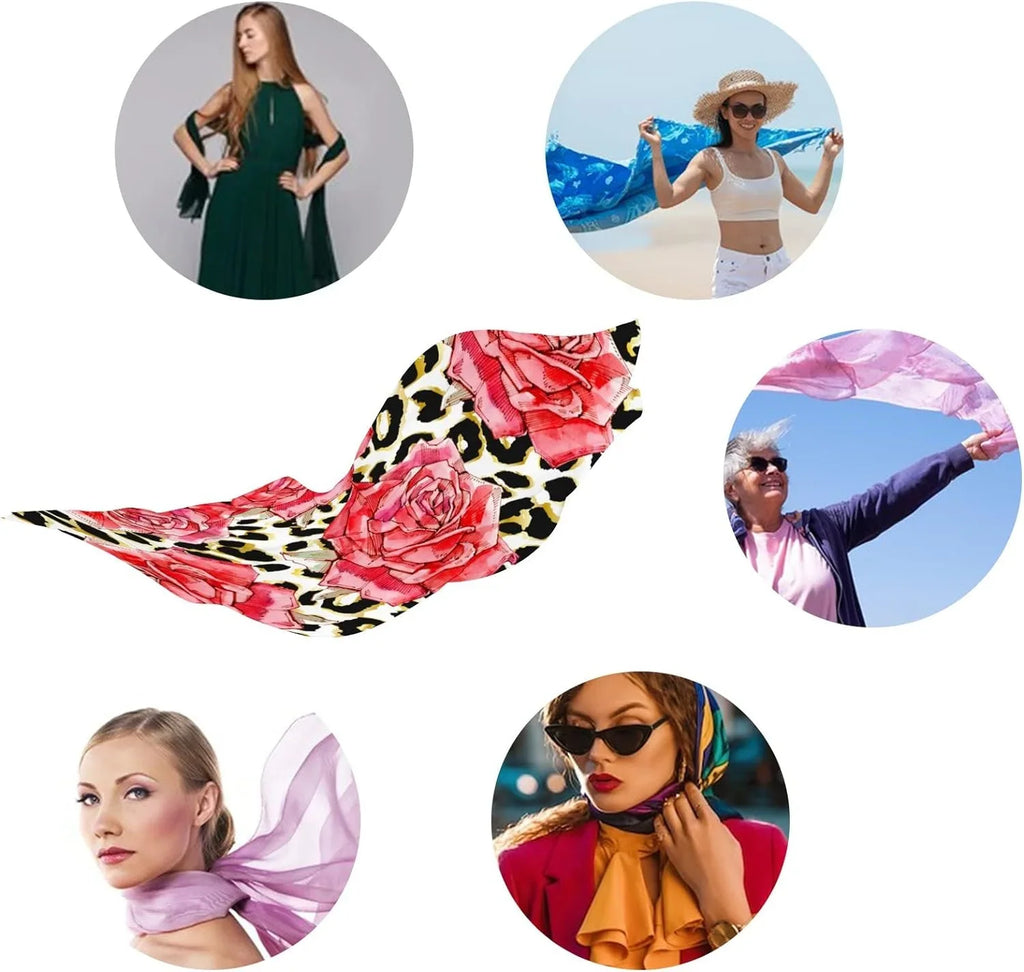 Lightweight Roses Hyjoy Neck Print Wrap Silk Scarves Women Girls Watercolor Long Shawl Red Scarf for