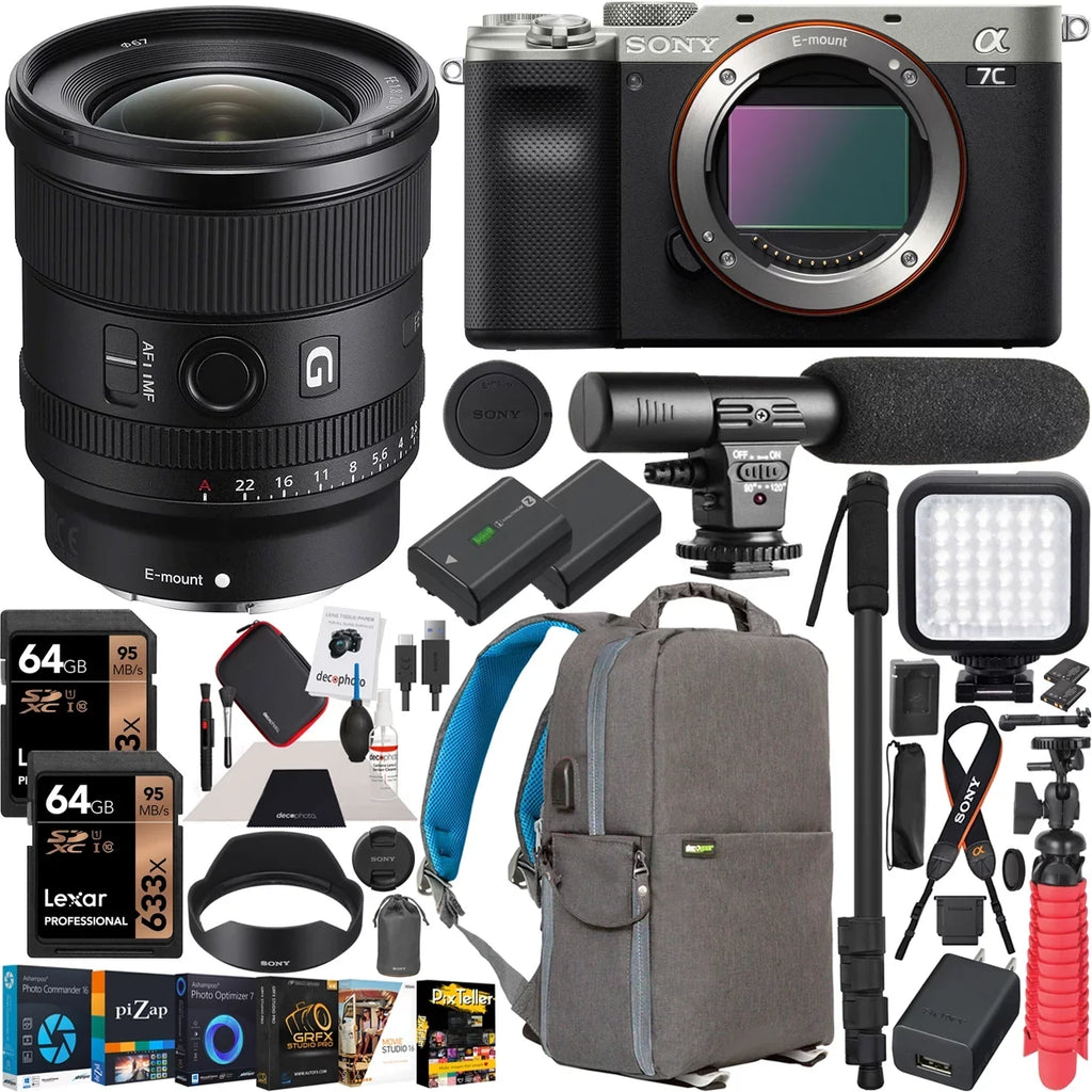a7C ILCE7C/S Deco FE and Full Backpack Gear F1.8 SEL20F18G Photography Camera Silver with Case Mirrorless , with G Frame Body 20mm Lens Bundle Accessories Software