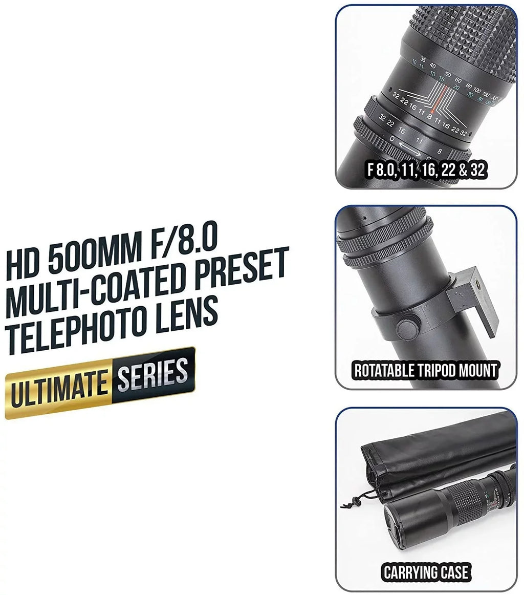 500mm for Telephoto Lens & Preset Includes Adapter Cameras Mount f/8 SLR/DSLR T-Mount Canon with Multi-Coated Cloth Ultimaxx Compatible EF - Microfiber Cleaning