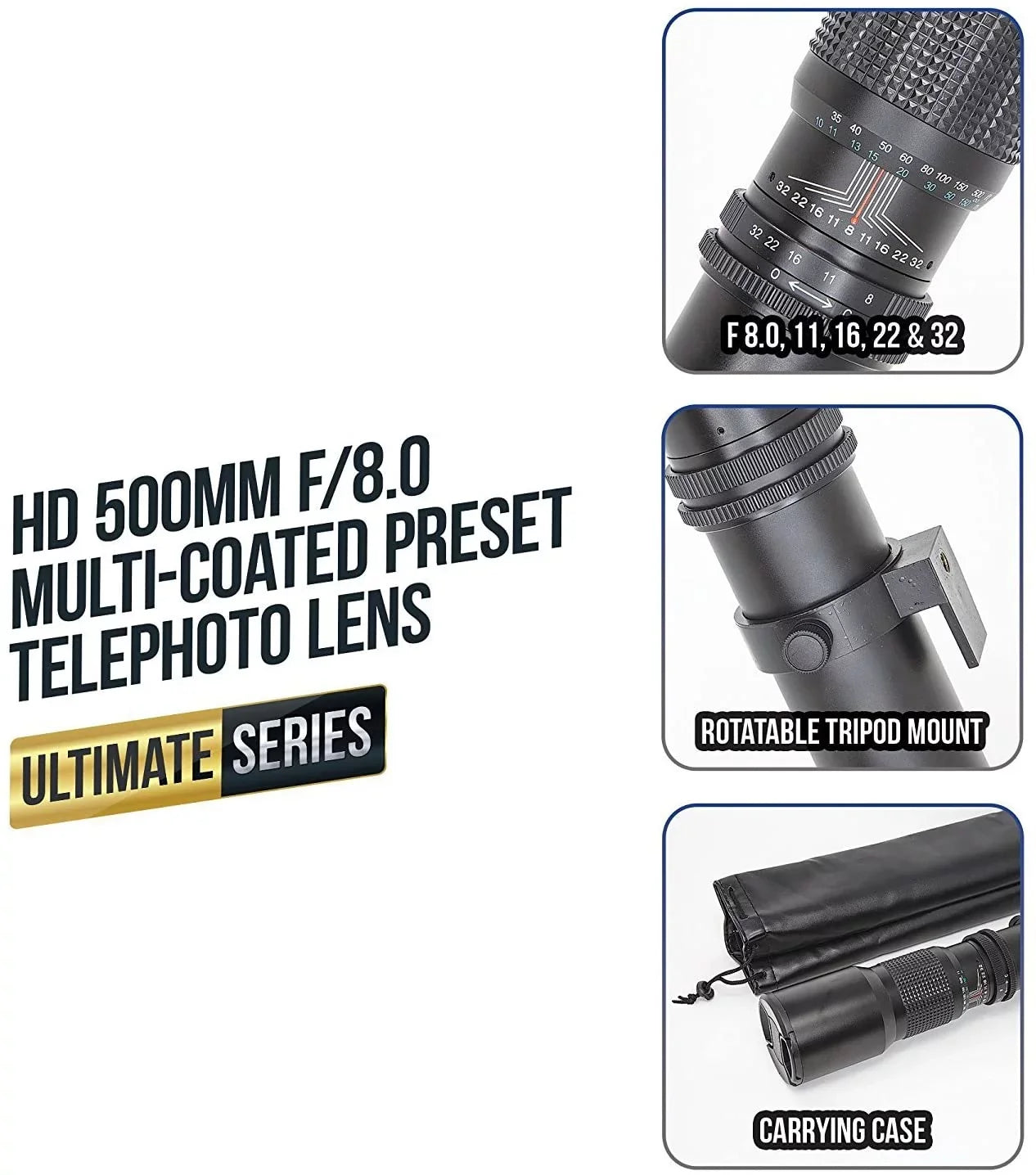 500mm for Telephoto Lens & Preset Includes Adapter Cameras Mount f/8 SLR/DSLR T-Mount Canon with Multi-Coated Cloth Ultimaxx Compatible EF - Microfiber Cleaning