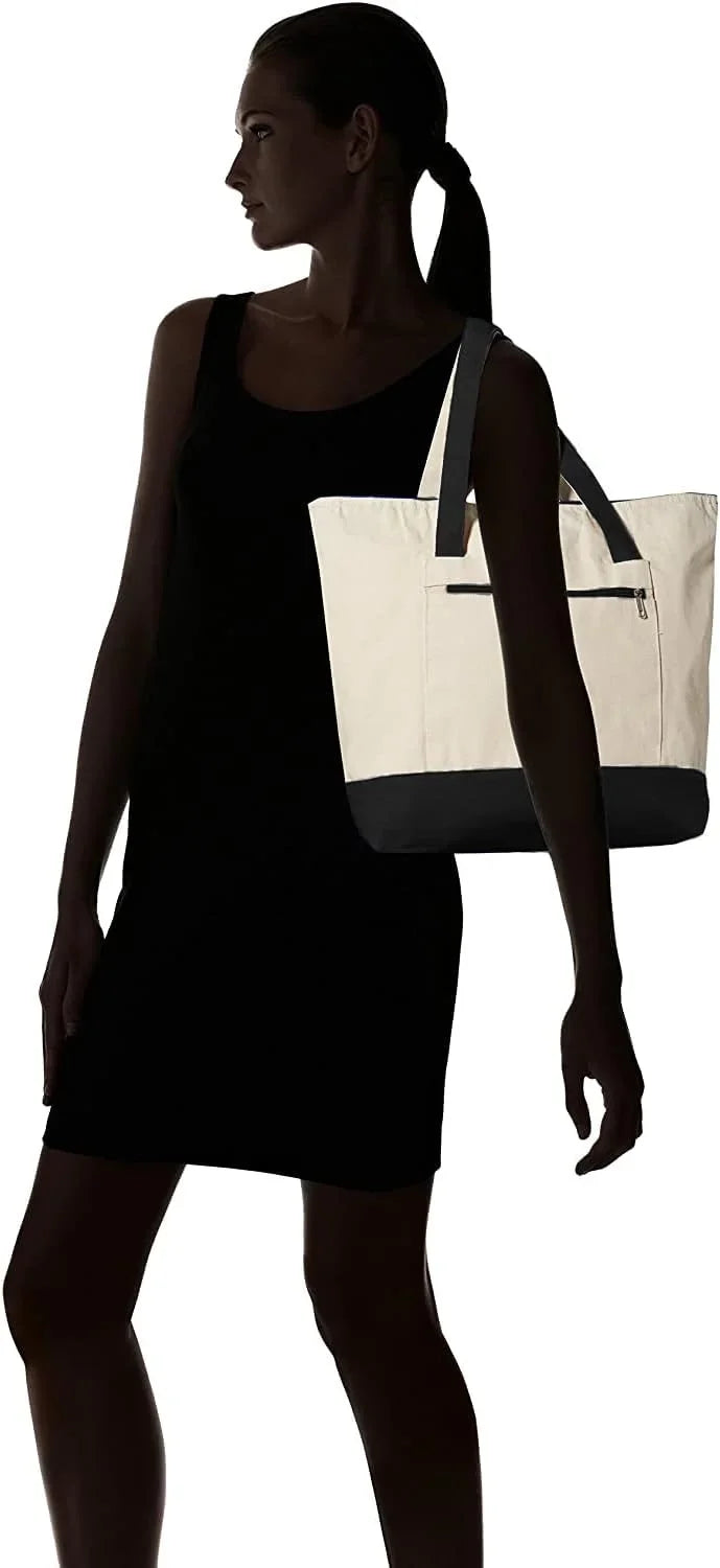 Reusable With Tote Bags Fancy Bags Pocket Zipper Sturdy Canvas Gift Front 12Oz Tote Large