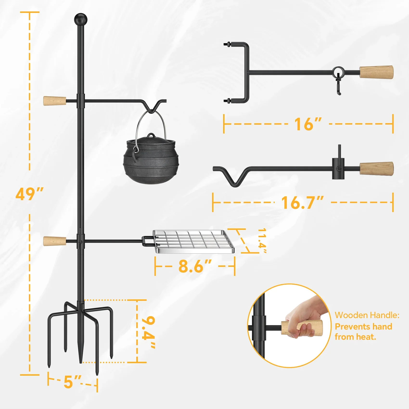 Swivel and Perfect Steel, IRONSTONE exterior Rotation - Grate Height and Grill Barbecue, Cooking Handle, Adjustable Campfire Mr - for Duty Camping Heavy