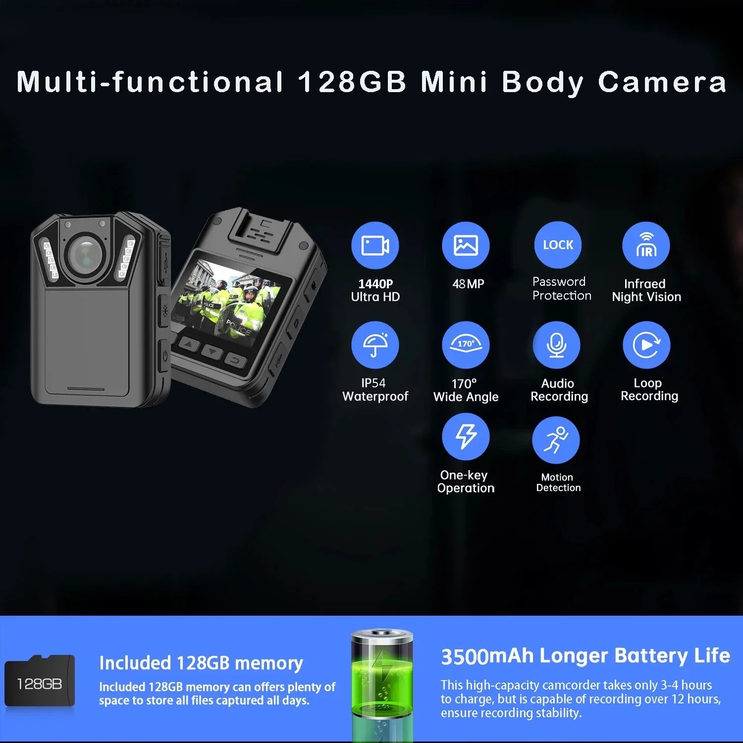 Recording - RONY 128GB Home Vision for Night Camcorder Mini Audio Body with Body Law and - Police Cam Wearable Guard Video with Body 1440P Security Waterproof Enforcement Camera