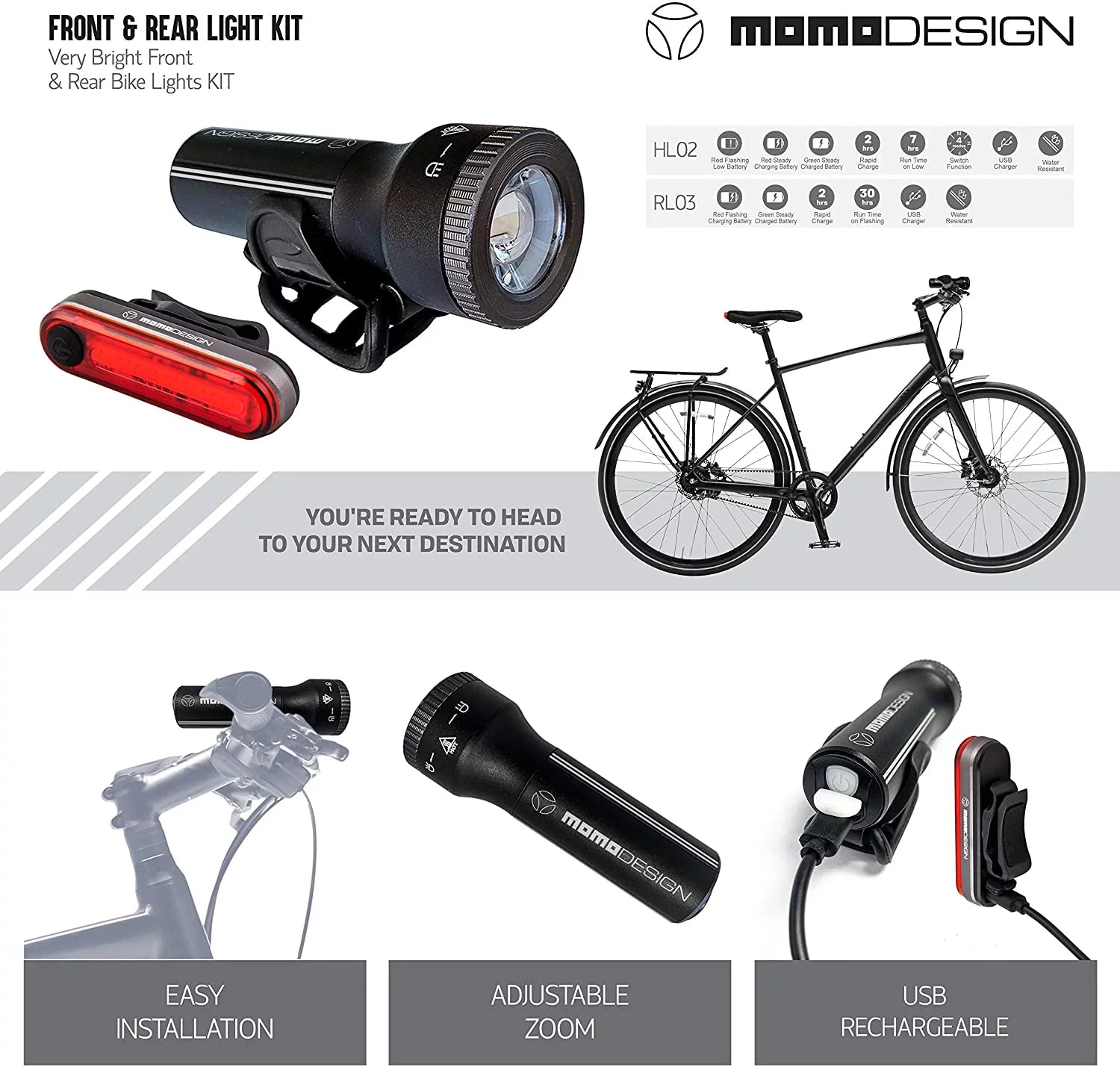 Bike climate USB Visibility, Light MOMODESIGN for Light Rear COMMUTERS KIT for Night & Rechargeable, Designed Resistant, Headlight 300