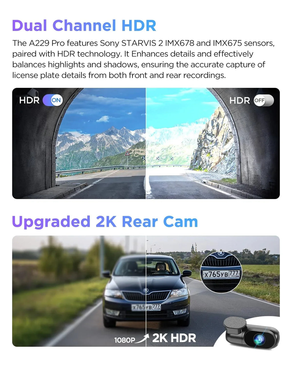 Dashcam VIOFO 2CH Front Camera 4K+2K 2 Car Pro GPS, with lb Rear 2 & STARVIS Dual IMX675 A229 IMX678
