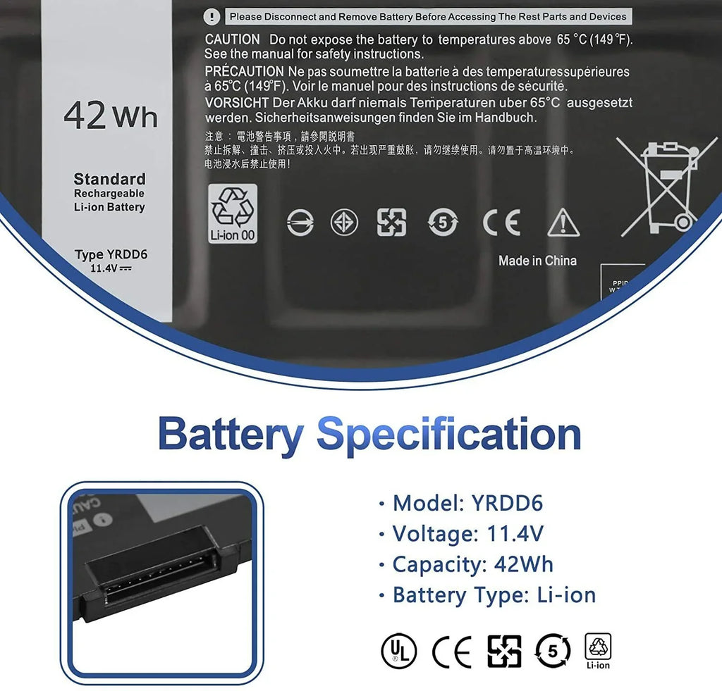 5482 2-in-1 YRDD6 5593 For 5491 Inspiron 3310 5485 5591 7586 Battery 42Wh