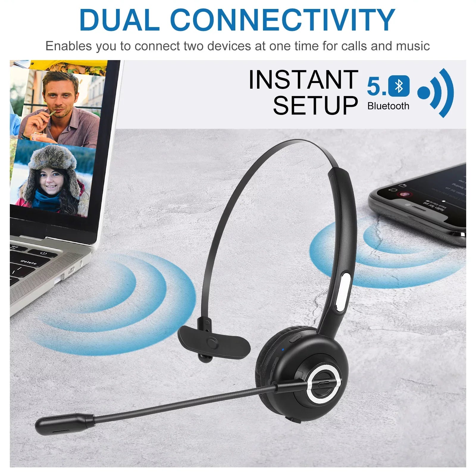Headset Microphone, for Wireless Wireless Headset Noise Charging G61 Phone Headset, Dock Function Bluetooth with with Mic UX-M97 BLU Comfortable Mute Charging Base With Cell Isolation