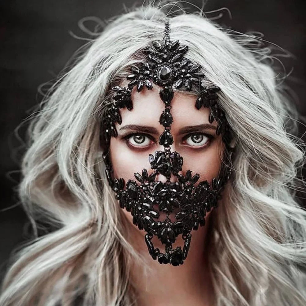 Mask Rhinestone Face Halloween Mask Face Mask Chain Accessories Full Face Black Jewelry Face Masquerade Women Crystal