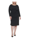 Sleeve 16W KLEIN Plus Long Zippered Womens Wear Sheath outfit Stretch Black Midi Ruched To CALVIN Neck Round Work