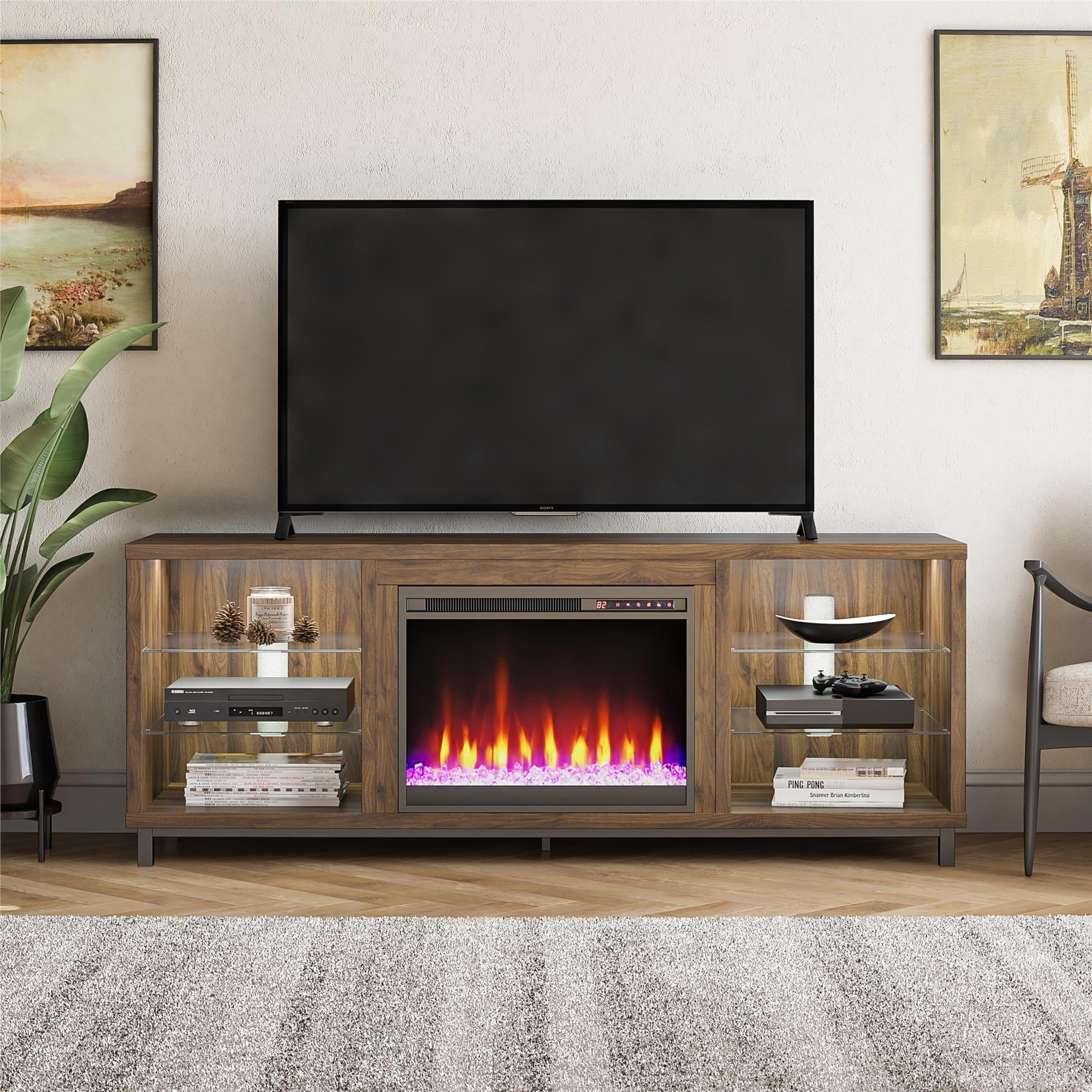 in up Deluxe Fireplace Stand TVs Ameriwood Black Home Lumina 70" to TV for