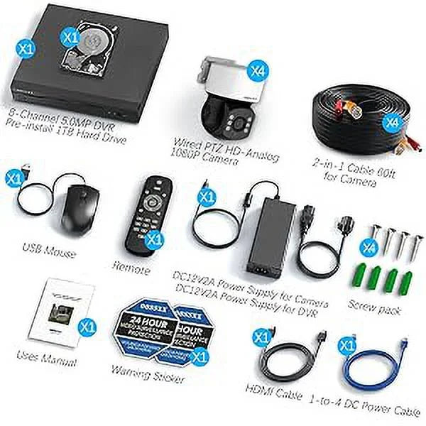 Wired Camera System (360° Camera System Security PTZ Surveillance Outside Indoor CCTV Video exterior Surveillance Video Cameras Equipment Security Zoom) Home Digital
