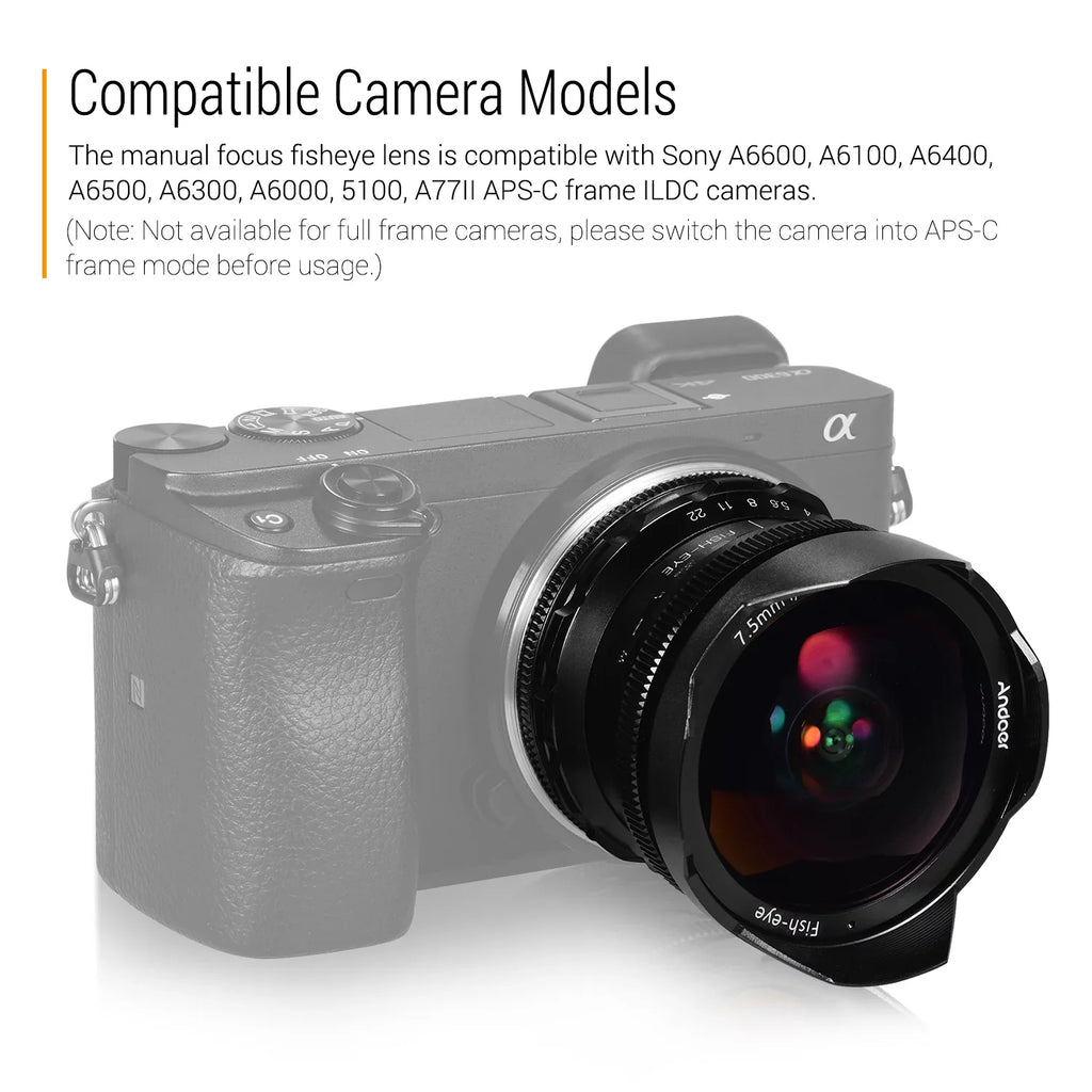 Camera A6100 Lens Aperture with A77II Focus A6500 A6300 Large APS-C E-Mount Manual Angle 180° Andoer Ultra A6600 Andoer A6000 A6400 Frame 7.5mm Wide 5100 F2.8 Compatible Fisheye Lens