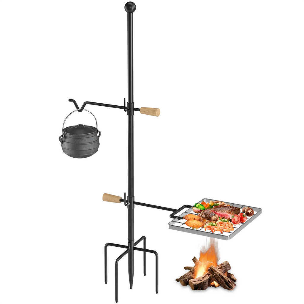 Swivel and Perfect Steel, IRONSTONE exterior Rotation - Grate Height and Grill Barbecue, Cooking Handle, Adjustable Campfire Mr - for Duty Camping Heavy