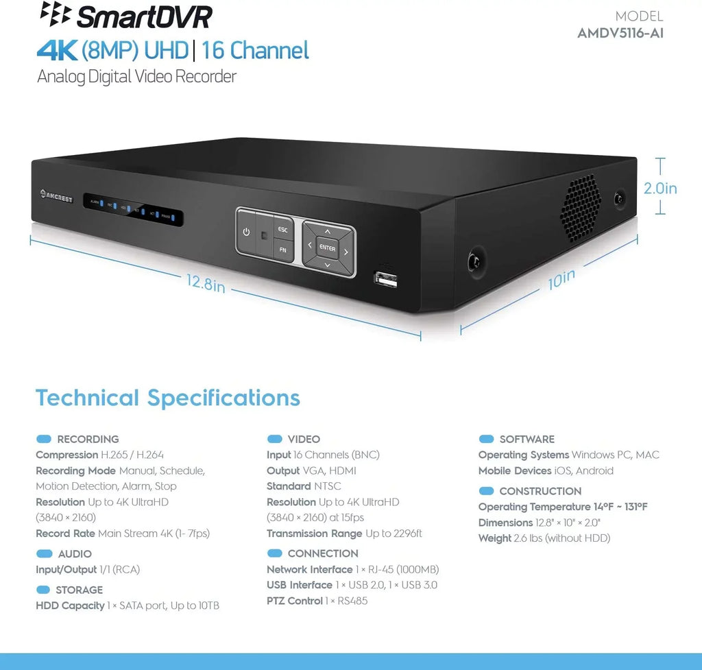 Analog 4K Recognition, IP Cameras, Smart Amcrest Camera DVR & DVR, AI Human Face System Channel Vehicle Security (AMDV5116-I3) for AI Recorder, DVR Detection 16 & AI Amcrest Cameras Security