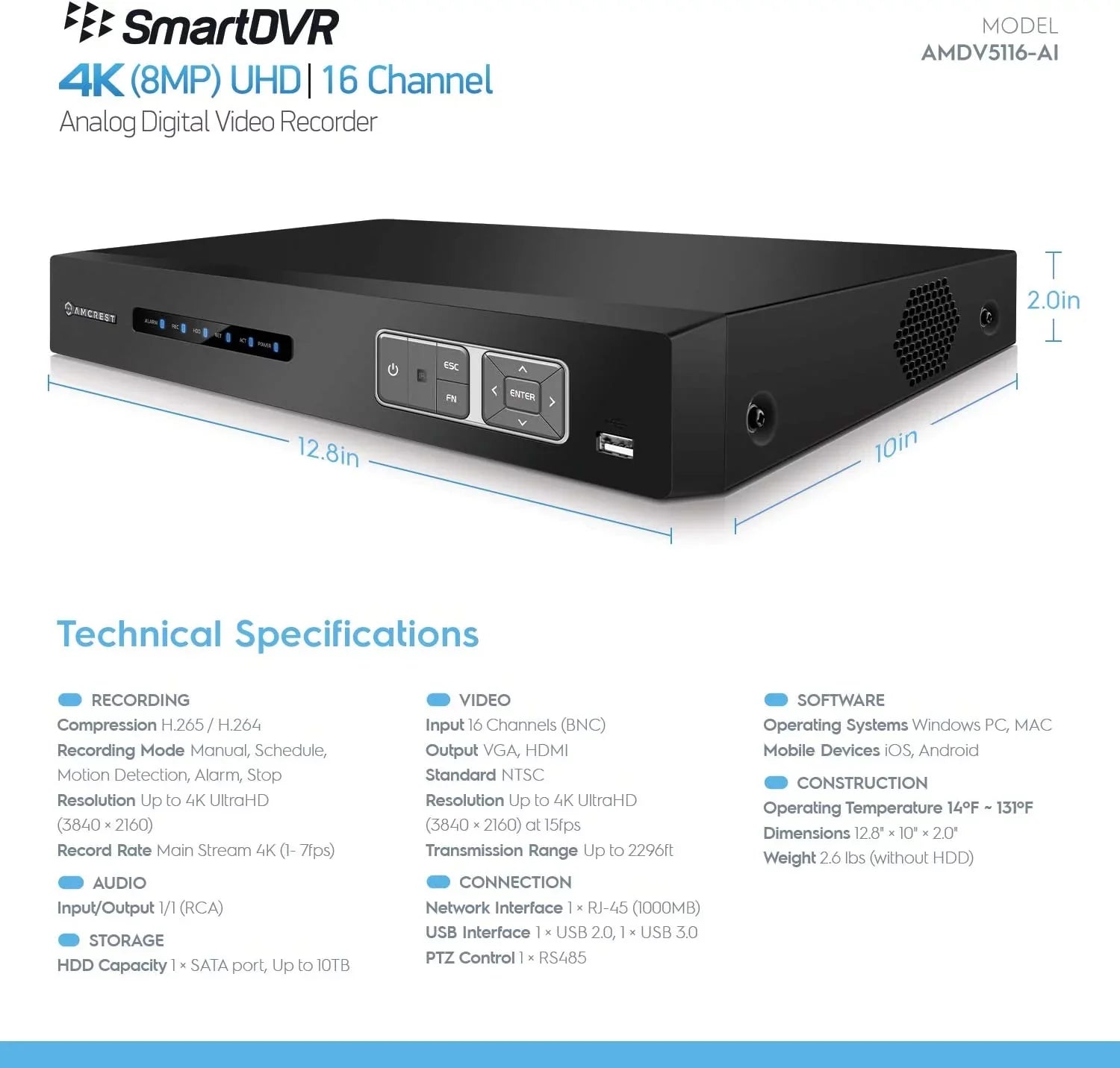 Analog 4K Recognition, IP Cameras, Smart Amcrest Camera DVR & DVR, AI Human Face System Channel Vehicle Security (AMDV5116-I3) for AI Recorder, DVR Detection 16 & AI Amcrest Cameras Security