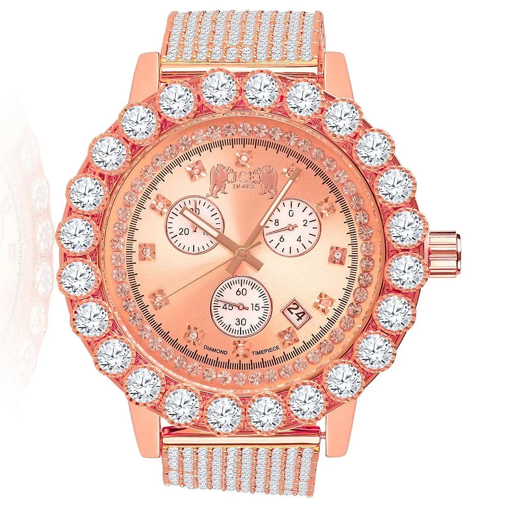 Piece Tone Time Iced Out Exclusive Jo Custom Function Watch Celebrity W/Date Khronos Rose Diamonds Inspired Lab Rodeo Gold