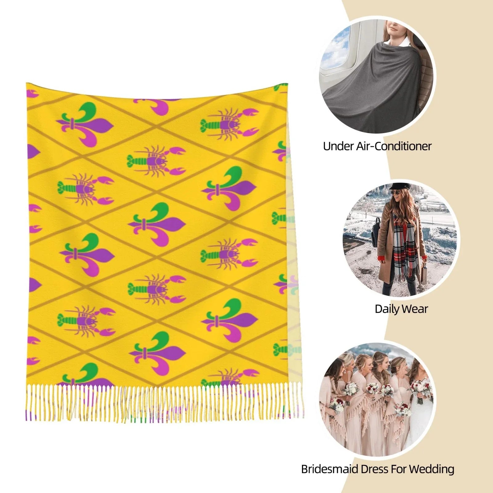 Women Fleur Gras Bingfone Crayfish Soft Mardi Cashmere and Elegant Feel Art Print Scarf Gifts- Warm lis Wrap Shawl Large Scarves Winter For de