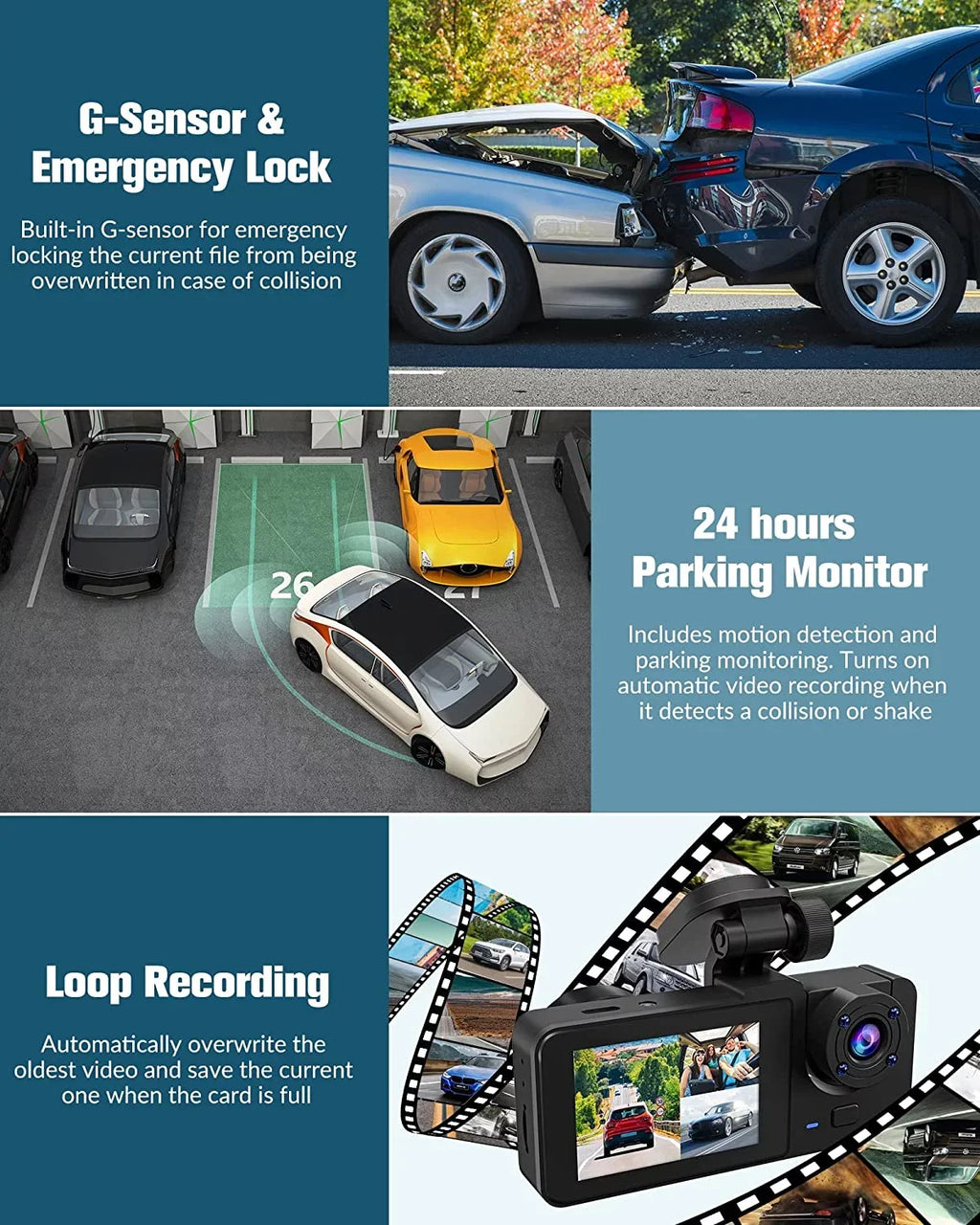 Dash Night with Vision,170°Wide Screen,WDR,Loop 32GB Angle,2.0'' Card,Built-in and Channel 3 Camera Super Full SD Rear Cam UHD Free IPS for Recording,24H Cars Front Dash Mode Parking Inside,4K