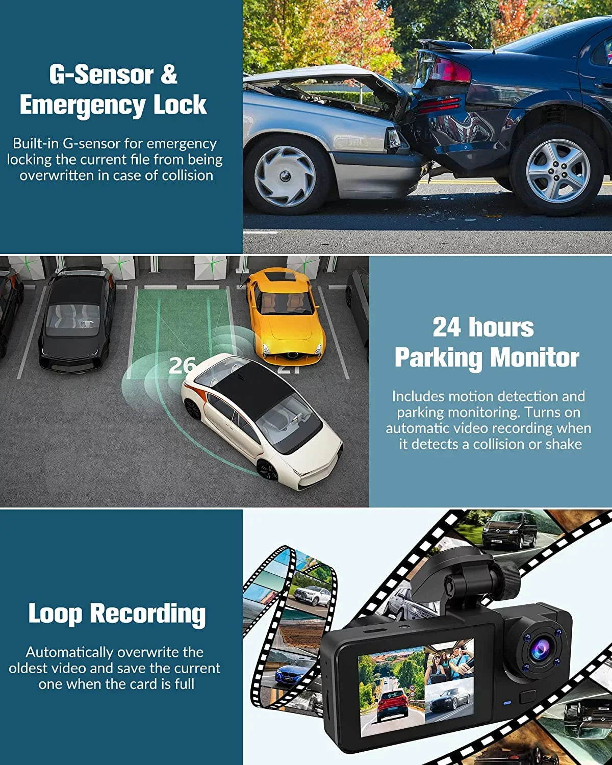 Dash Night with Vision,170°Wide Screen,WDR,Loop 32GB Angle,2.0'' Card,Built-in and Channel 3 Camera Super Full SD Rear Cam UHD Free IPS for Recording,24H Cars Front Dash Mode Parking Inside,4K
