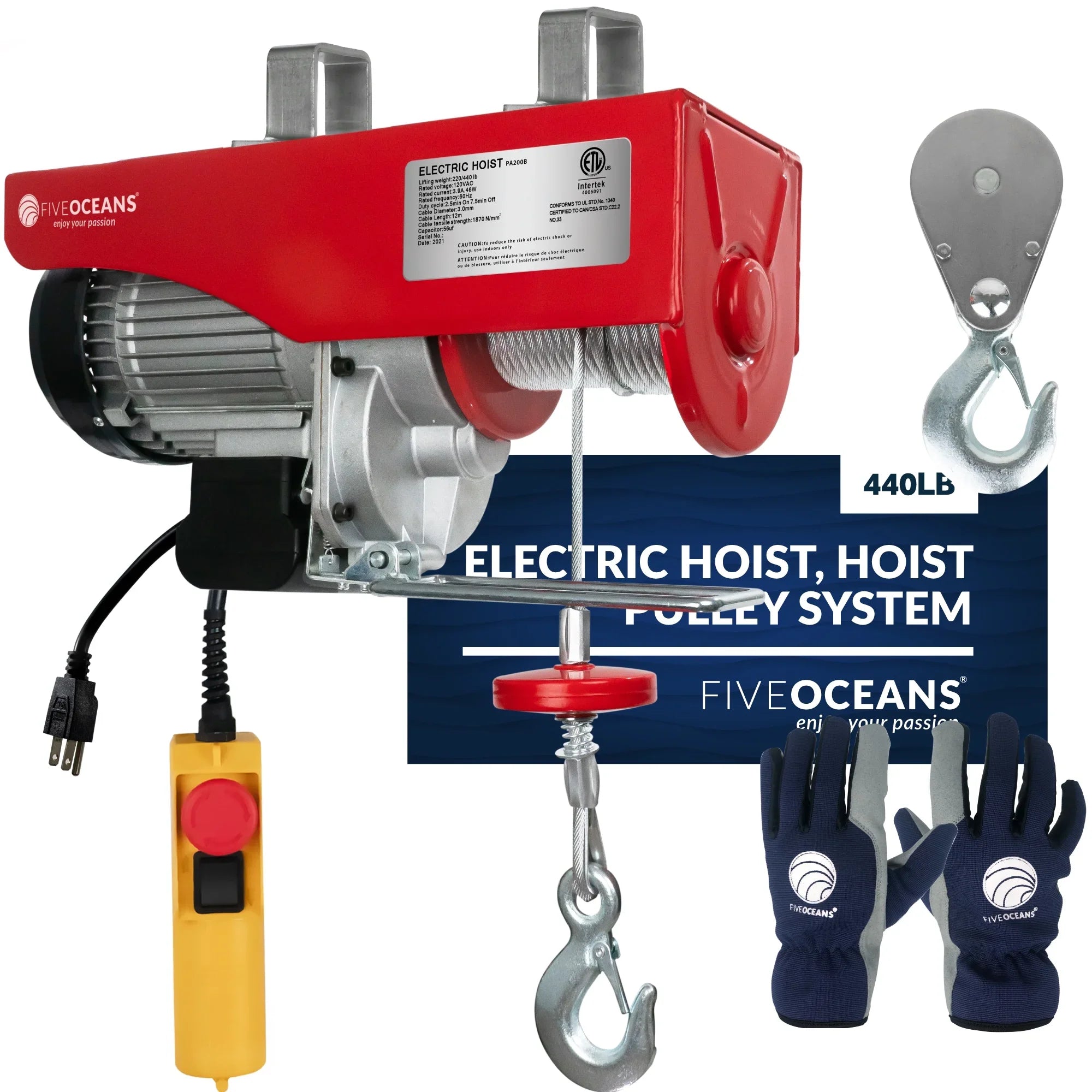 Hoist Hoist, 440 Five Winch Remote 120 System, Emergency Stop Lb Includes Electric 20FT Working Control Pulley V, for Gloves Garage, Factory Oceans FO3780-C1 Hoist, Lifting Pulley - Button Electric
