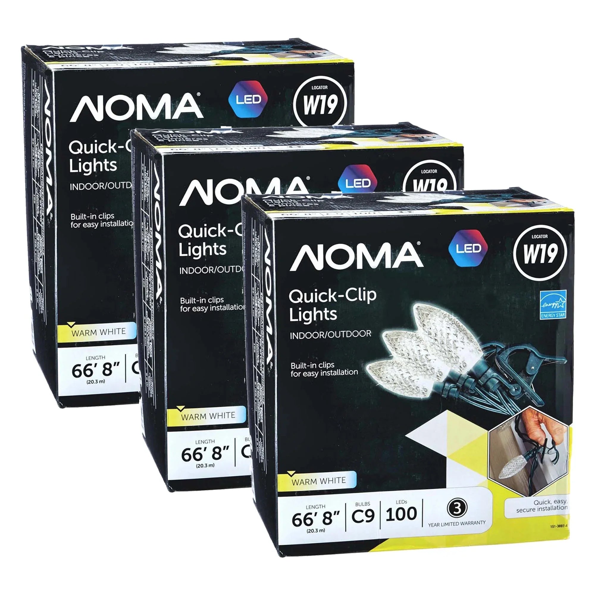 Clip 100 String Lights Warm Bulbs LED Christmas Quick (3 NOMA Pack) C9