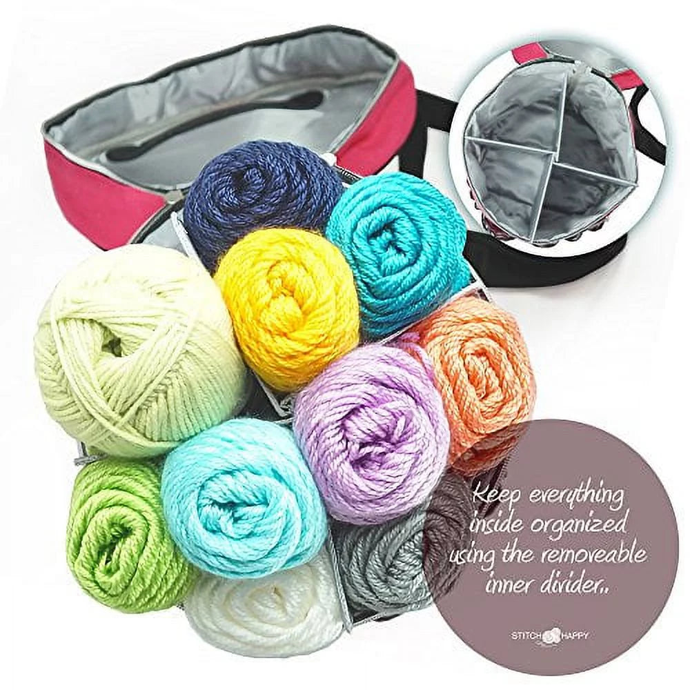 Happy Organizer for of Storage Supplies + Yarn Knitting Bag Tote Crochet by 7 Projects, Case, Pockets & Divider Stitch Extra (Fuchsia) w/Tool -