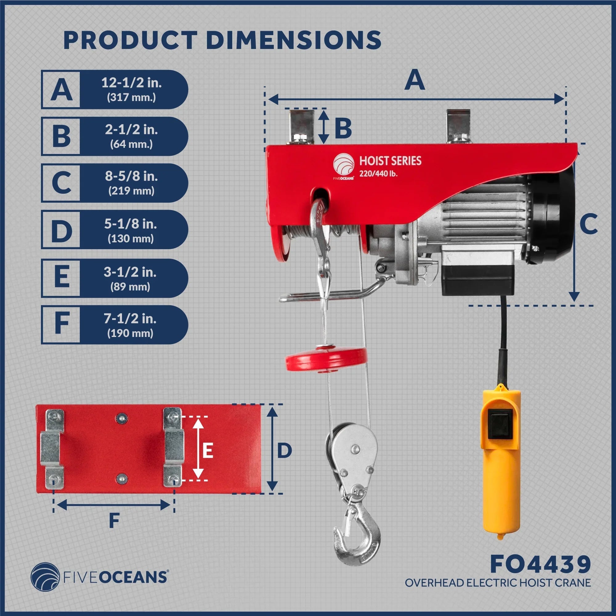 Hoist Hoist, 440 Five Winch Remote 120 System, Emergency Stop Lb Includes Electric 20FT Working Control Pulley V, for Gloves Garage, Factory Oceans FO3780-C1 Hoist, Lifting Pulley - Button Electric