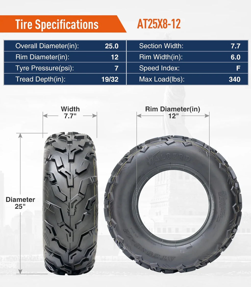 Set of 25x10-12 4 Rear 25x8-12 Front Tire & Road 6PR ATV/UTV off All Terrain Trail Sand Tires HALBERD