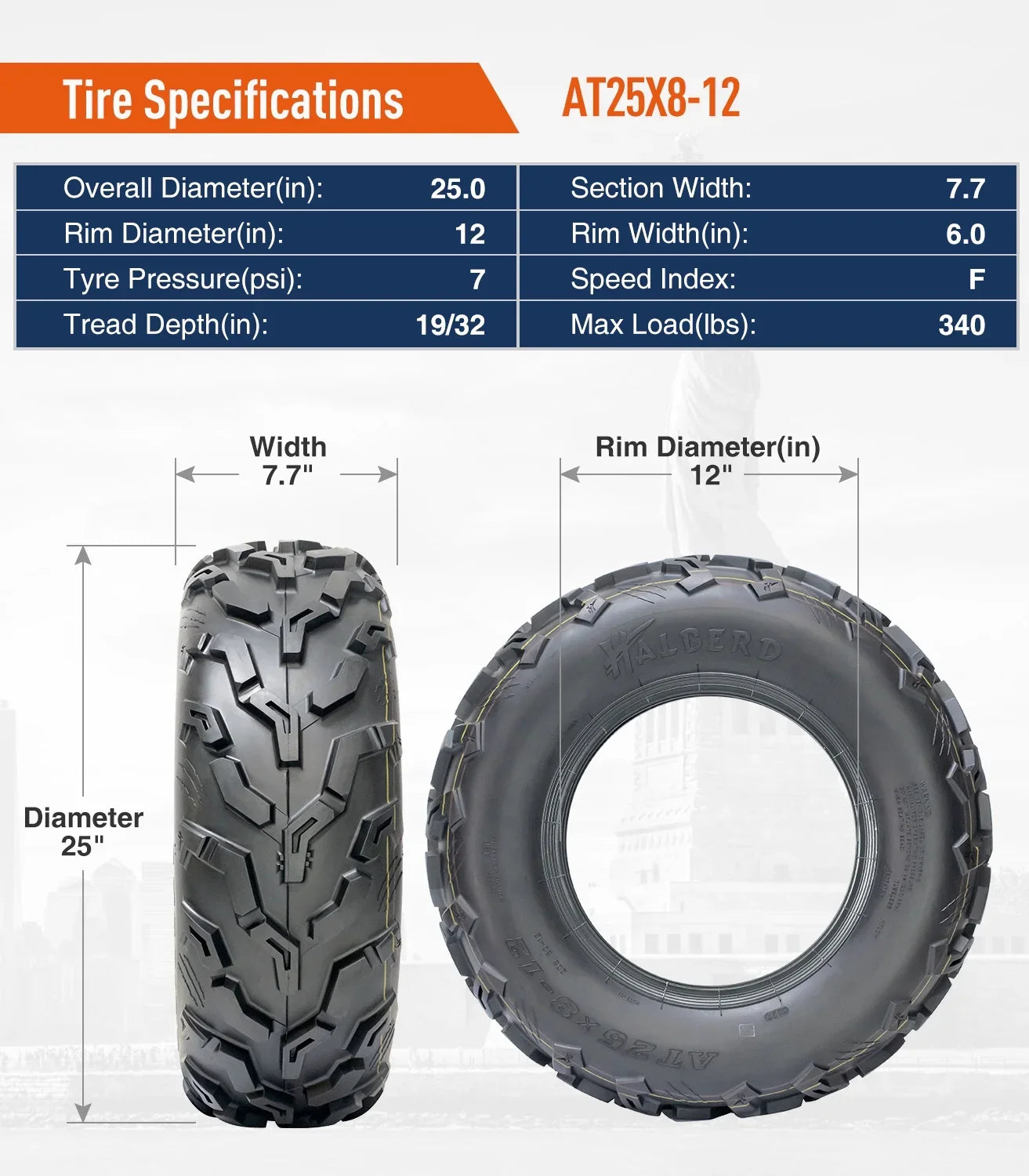 Set of 25x10-12 4 Rear 25x8-12 Front Tire & Road 6PR ATV/UTV off All Terrain Trail Sand Tires HALBERD