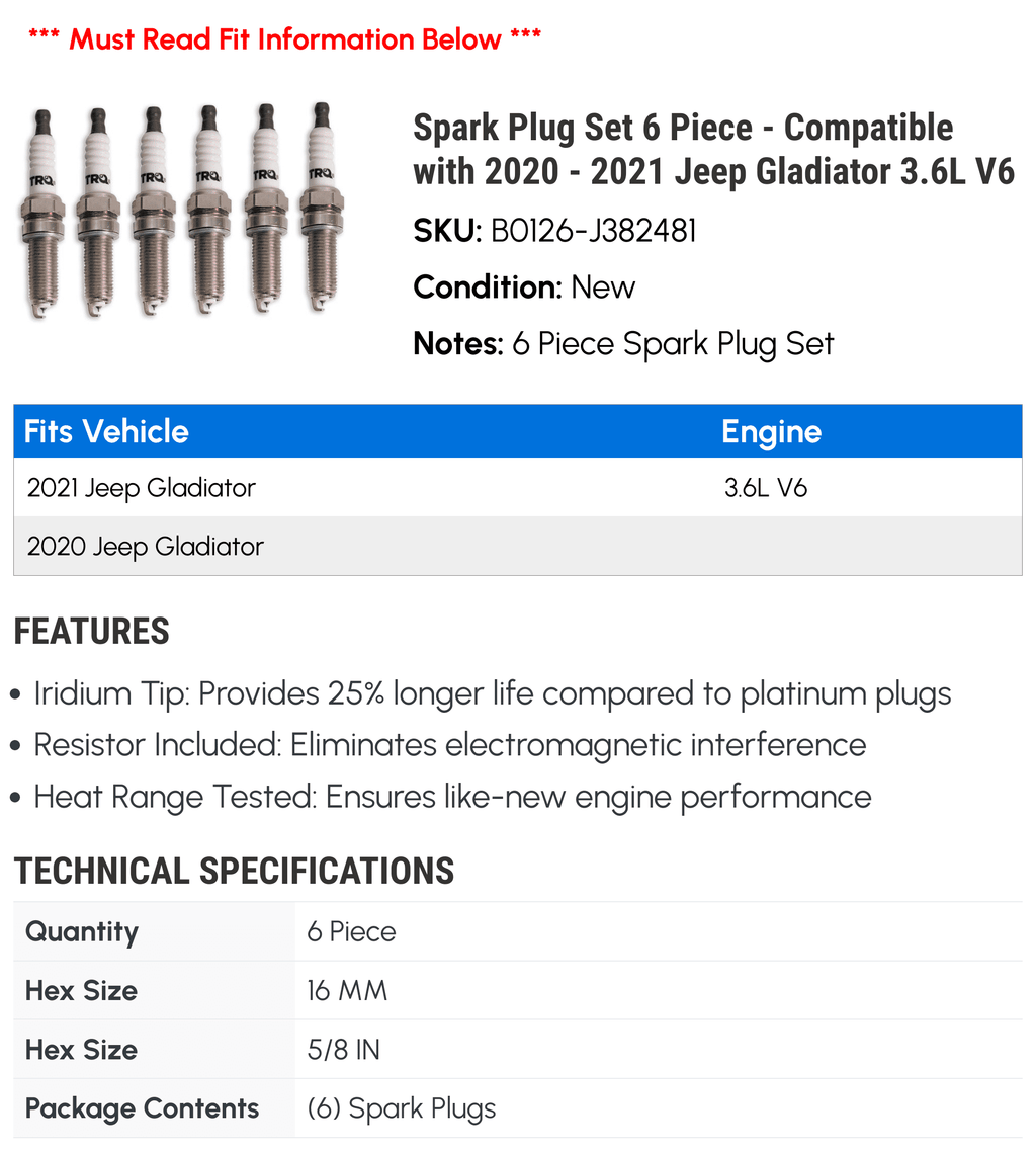 Jeep Spark Compatible 6 with 2020 2021 - V6 Gladiator Set - 3.6L Plug Piece