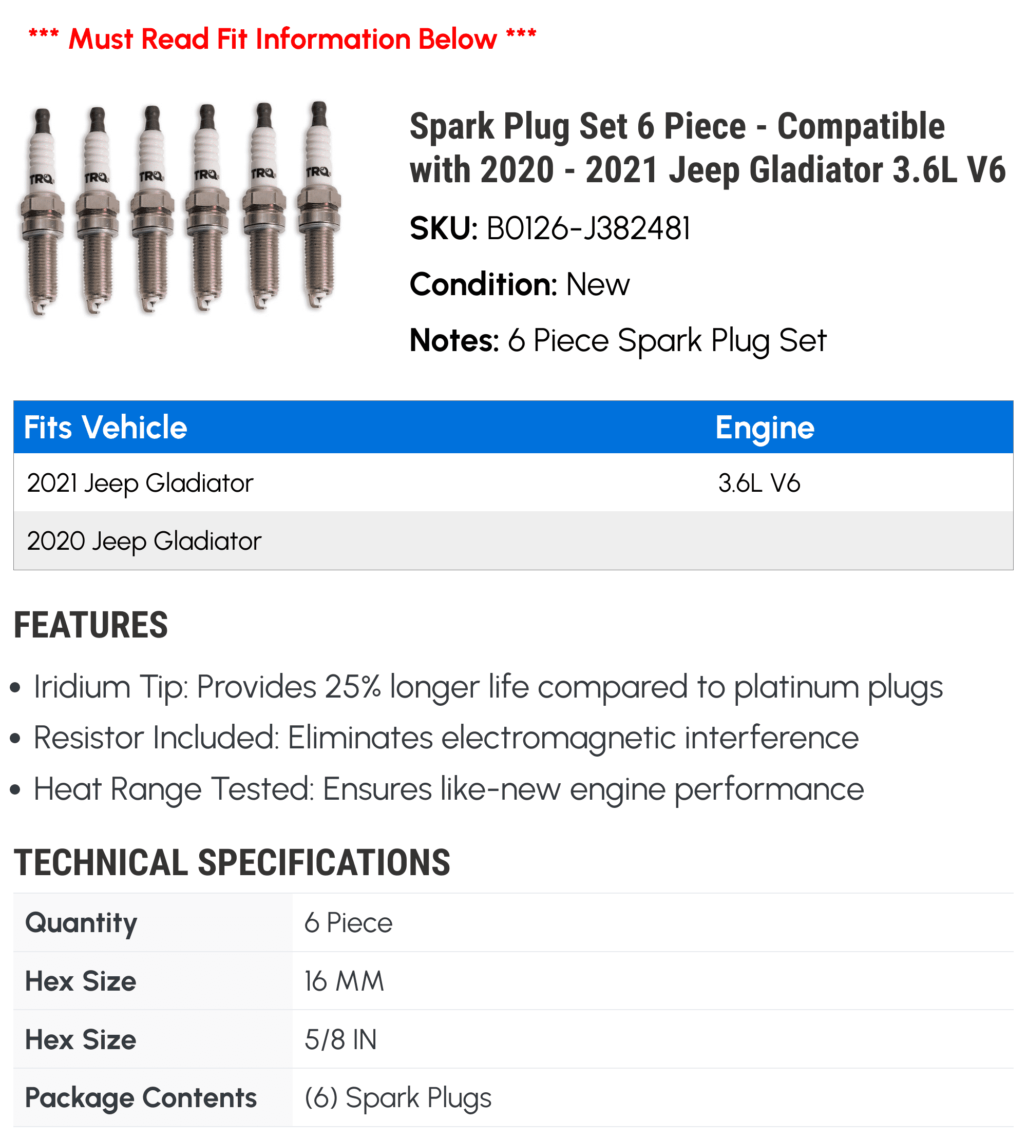 Jeep Spark Compatible 6 with 2020 2021 - V6 Gladiator Set - 3.6L Plug Piece