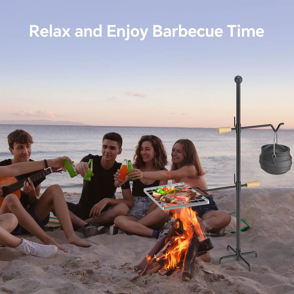 Swivel and Perfect Steel, IRONSTONE exterior Rotation - Grate Height and Grill Barbecue, Cooking Handle, Adjustable Campfire Mr - for Duty Camping Heavy