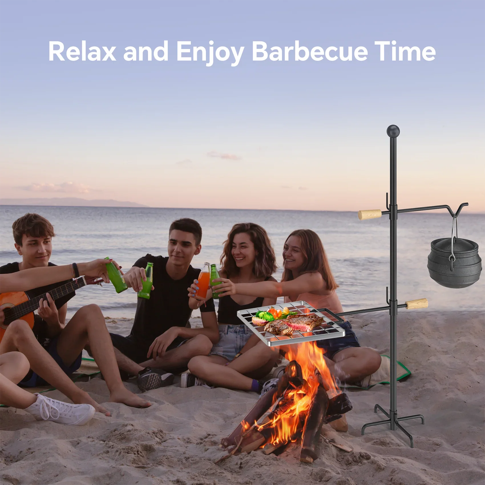 Swivel and Perfect Steel, IRONSTONE exterior Rotation - Grate Height and Grill Barbecue, Cooking Handle, Adjustable Campfire Mr - for Duty Camping Heavy