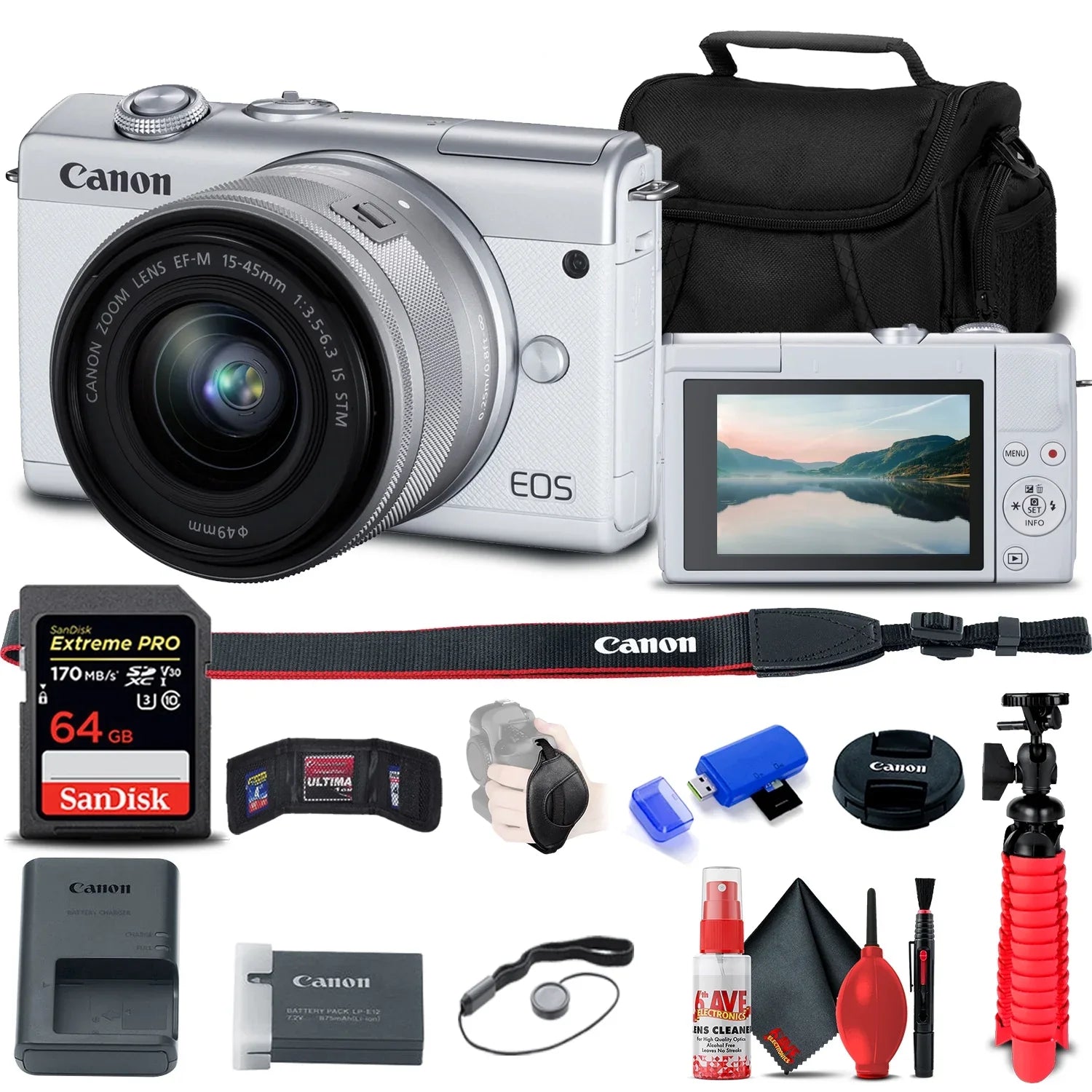 '+ Memory Lens with Camera 64GB + Kit Memory Flex Hand Cap (White) + Strap M200 EOS Reader Canon Mirrorless Case Card Tripod (3700C009) Card + + Cleaning + + 15-45mm + Wallet Keeper