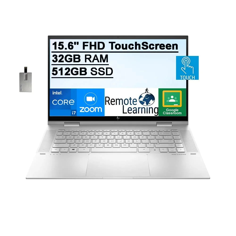 11th Laptop Keyboard, Touchscreen USB Gen Card 32GB Backlit Webcam, Xe Iris SSD, FHD i7-1195G7, Silver, 2-in-1 512GB Win 15.6" Computer, HP Graphics, 2021 RAM, 32GB PCIe Core Envy HD 11,