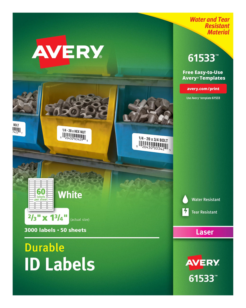Durable Labels, 3,000 2/3" TrueBlock (61533) Avery Permanent Technology, Labels x Adhesive, ID 1-3/4",