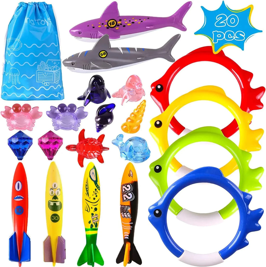 Summer Learning & Toys Skill with Playoza Boys Girls Swimming Bag,20 Set, Games Storage Diving Swimming Swim Gifts for for Underwater Dive Pool Diving Toys Kids,Fun Pool Pack Development Swim