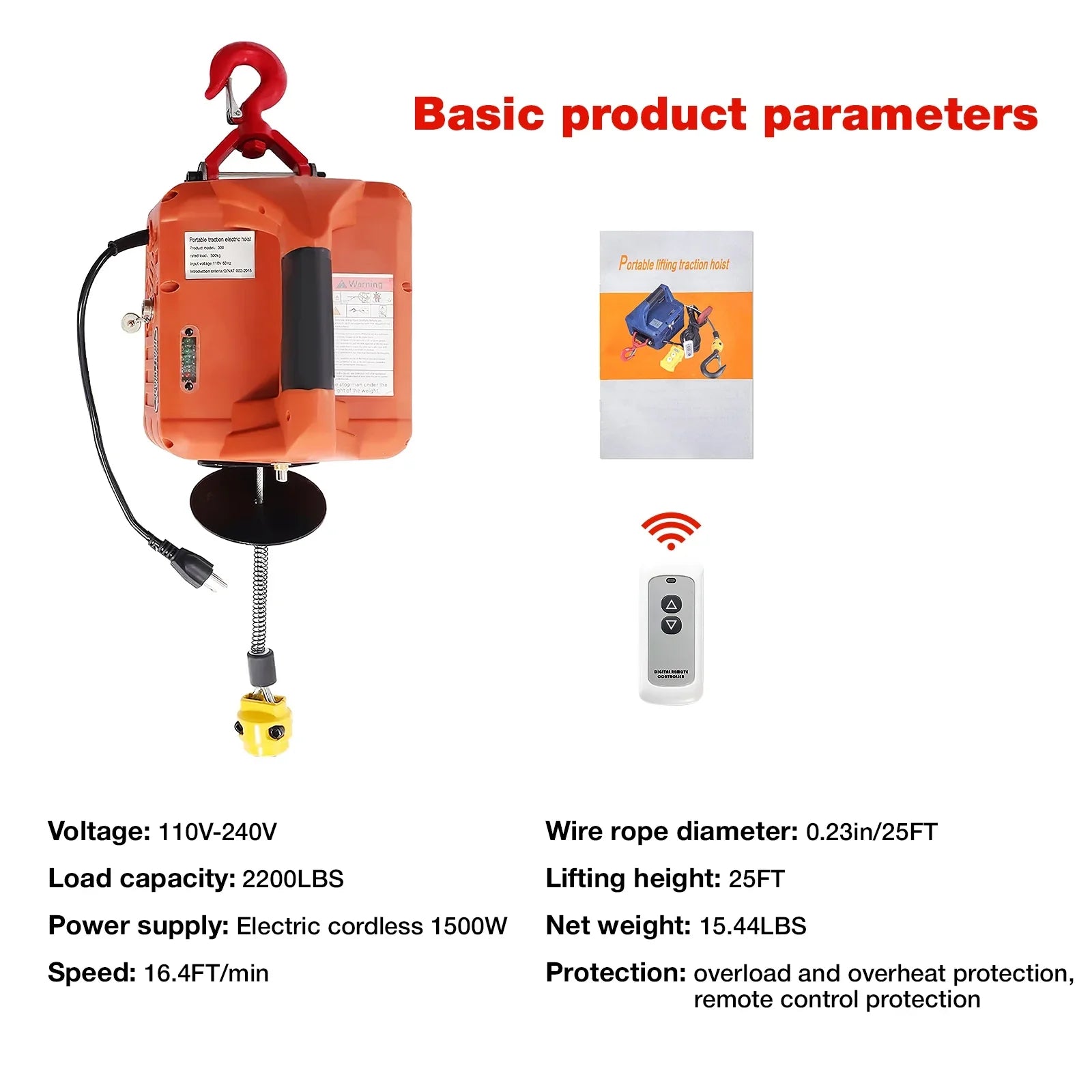 and Protection Wireless Electric Crane, Hoist Control, Portable Height, Towing for Winch 1 Overload Winch, Winch, Remote Electric 2 Lifting in 110V w/Wire 2200lbs Lifting Power 25ft