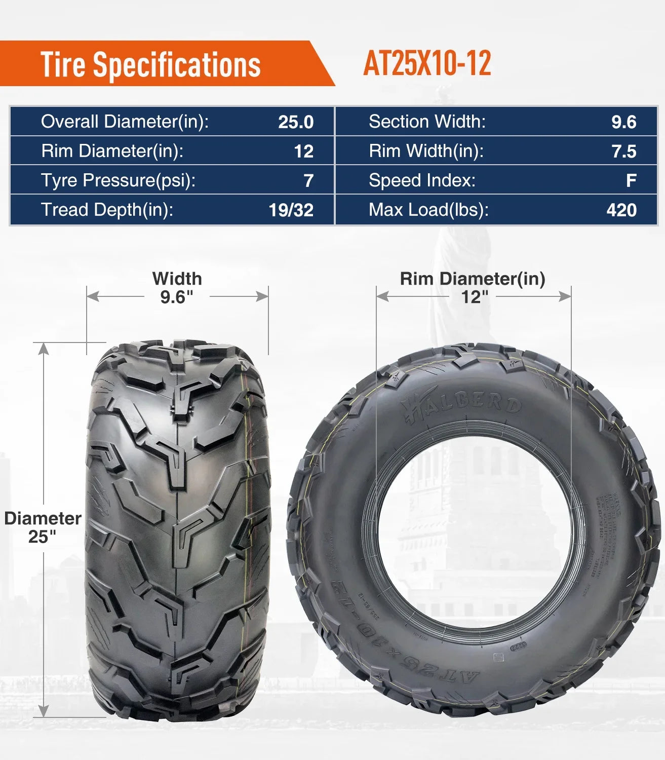 Set of 25x10-12 4 Rear 25x8-12 Front Tire & Road 6PR ATV/UTV off All Terrain Trail Sand Tires HALBERD