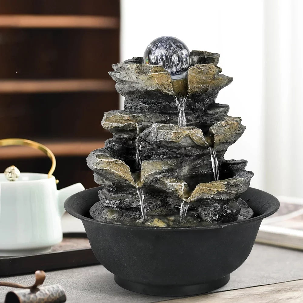 Tabletop liquid Lights and Fountain Cascading 4-Tier for Decor Rock Falls with Office High LED Home 8.3-inch